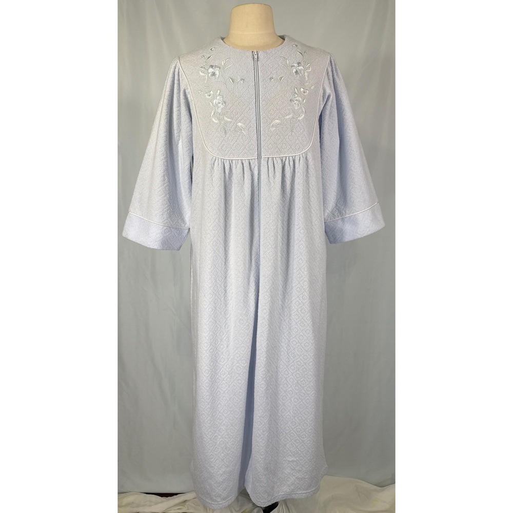Collette by Miss Elaine Blue Full Zip Front Floral Embroidered Terrycloth Robe M